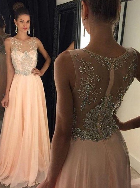 Rhinestone Peach Pink Prom Dress