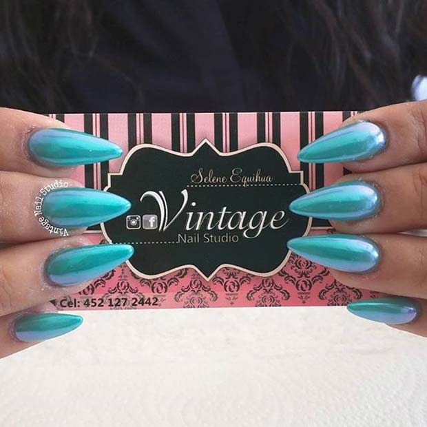 Blue Metallic Pointy Nails