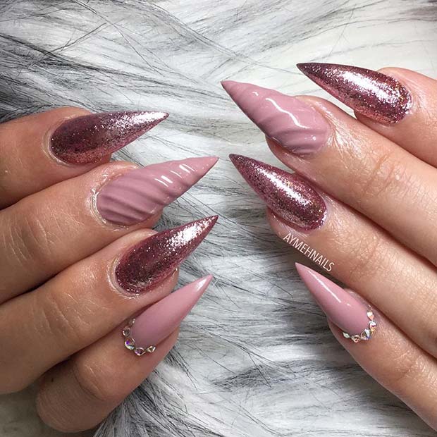 Pink Glitter Pointy Nails 