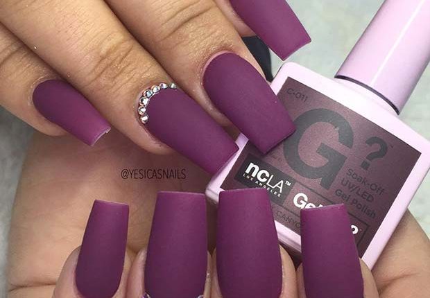 Matte Purple Nails with Rhinestones