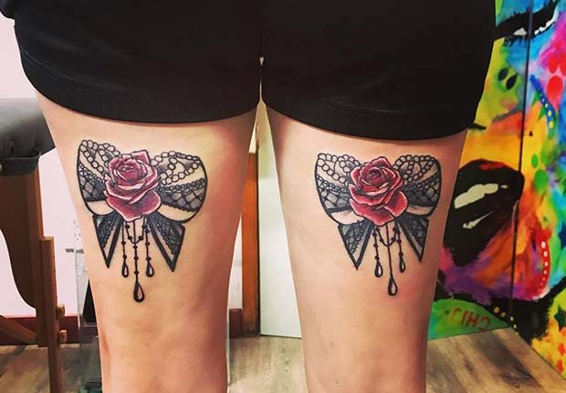 Back of Thigh Tattoo with Bows and Roses 